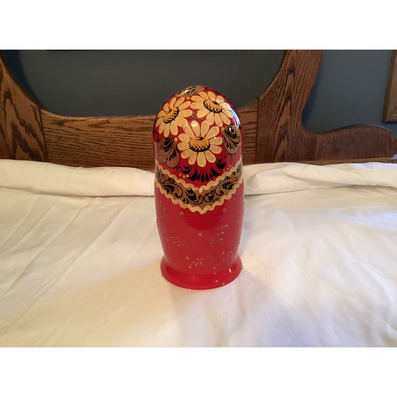 Russian Nesting Doll Wooden  5 Piece‎ Complete Preowned Red Floral Handpainted - Picture 6 of 10